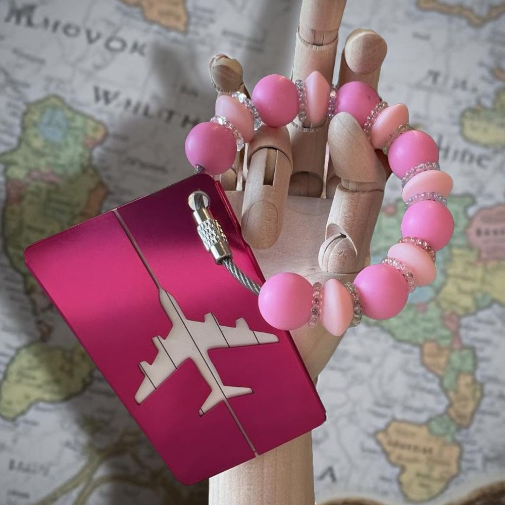 Pink Beaded Metal Luggage Tag